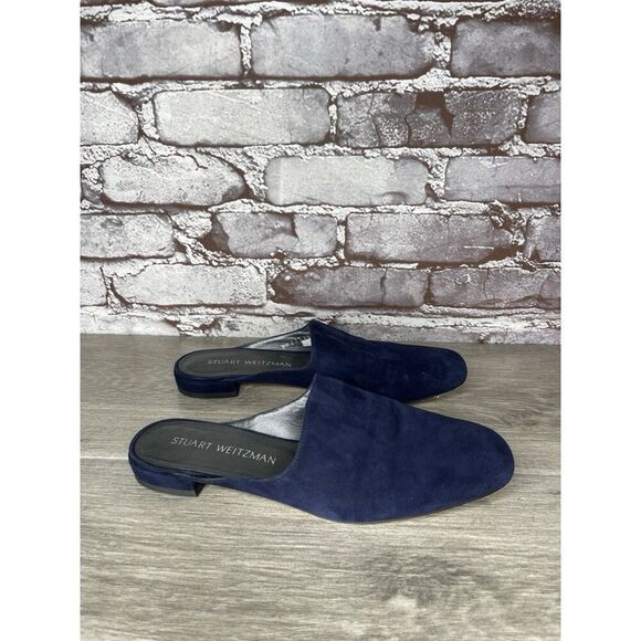 Stuart Weitzman Blue Suede Leather Square Flats Mules Shoes Women’s 6.5M US/37EU - Picture 1 of 14